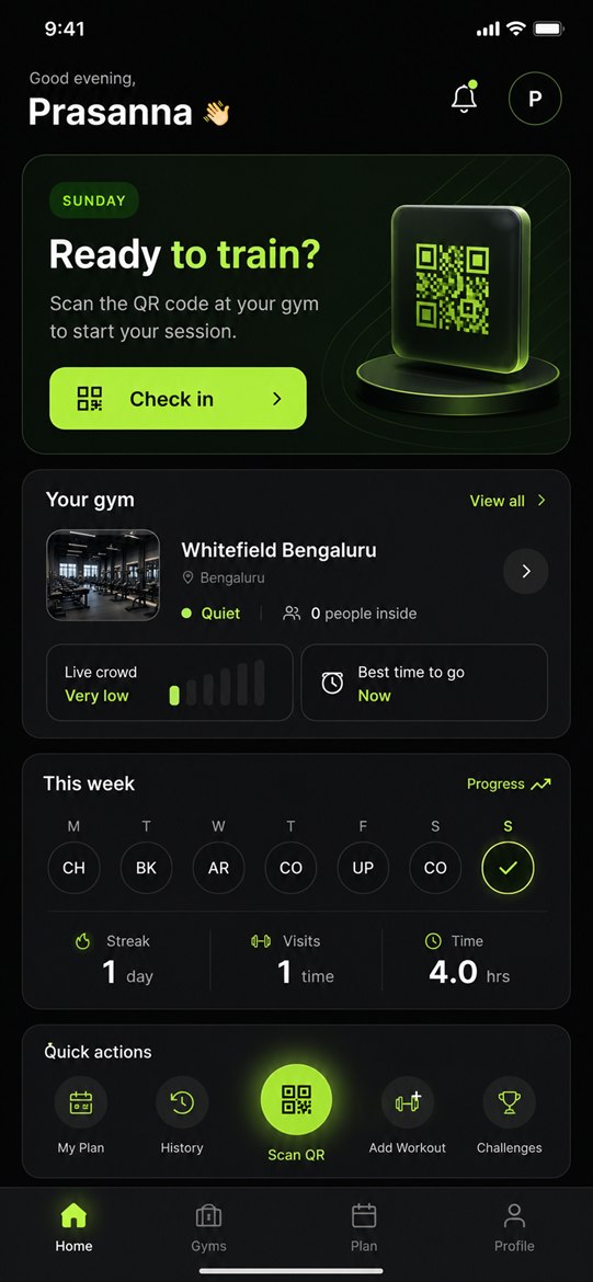 The MyGymDay home screen: a check-in card reading Ready to train, the gym's card with its live crowd level, and this week's streak, visits and time trained.