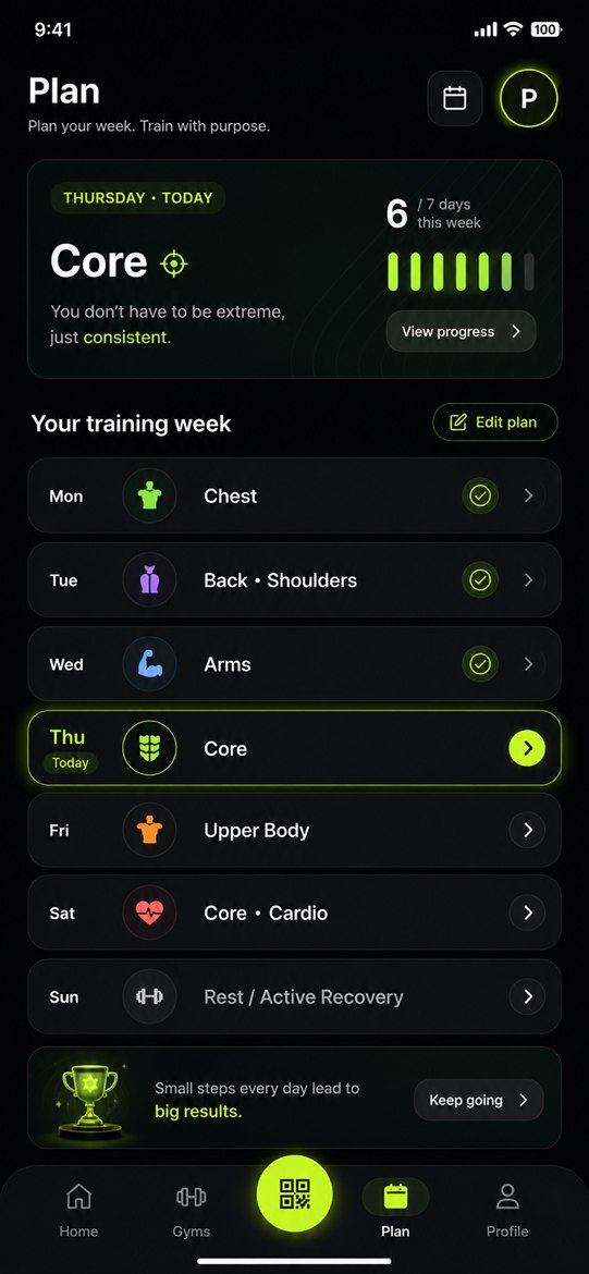 The MyGymDay plan screen: seven days of the week, each with a training focus, today marked and six of seven days done.